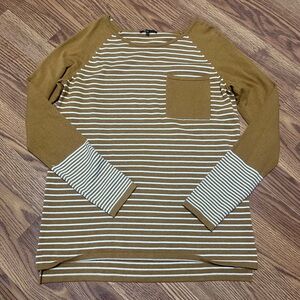 Women's Size M Staccato Gold Sweater White Stripes Crewneck Lightweight